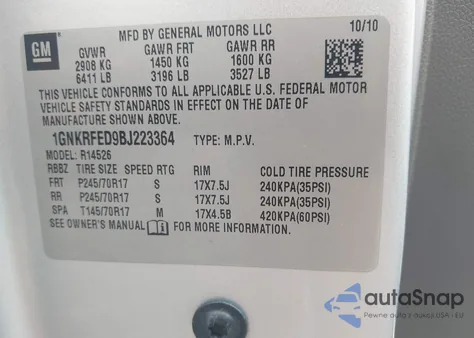 2011 Chevrolet Traverse Ls from USA, damaged, VIN 1GNKRFED9BJ223364